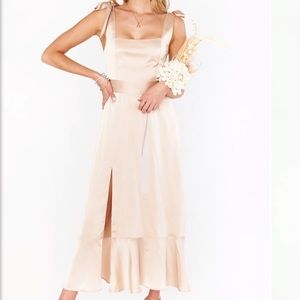 Show Me Your Mumu Claire Midi Dress in Champagne Luxe Satin
